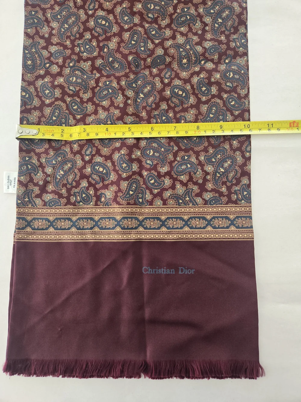 Christian Dior Satin Silk Burgundy Paisley Rectangle Scarf w/ Fringe Logo